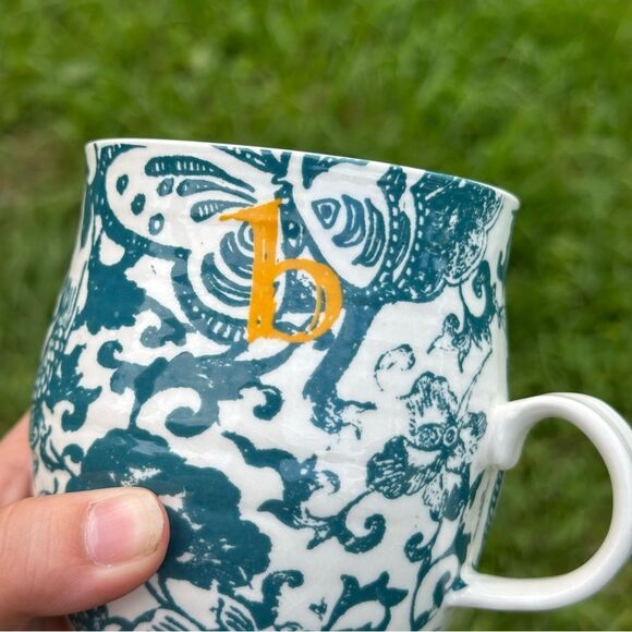 Anthropologie Homegrown Blue White Fish Floral B Monogram Mug Bohemian Coastal - Picture 5 of 8